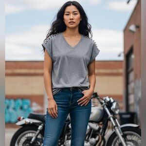 Koo’s Studded Shoulder V Neck Comfy  T-Shirt Size S